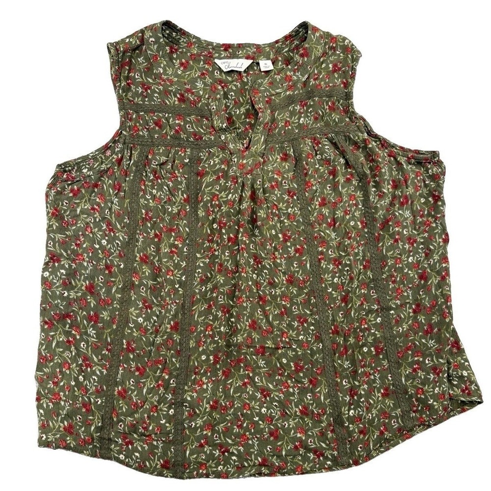 Caffe Marrakesh GREEN & Red Floral Sleeveless Blouse XL Preppy Boho Mature